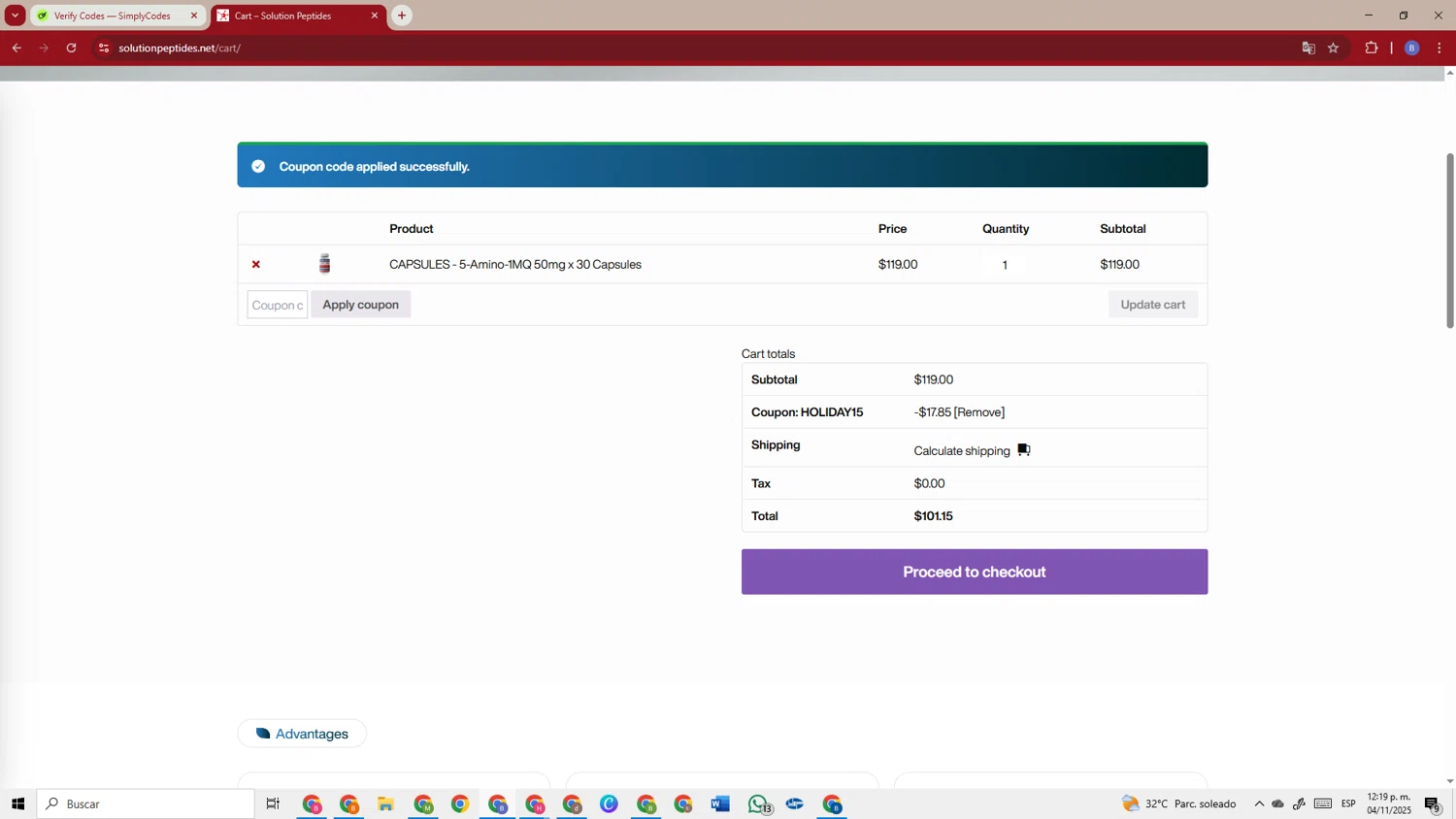 Solution Peptides coupon code screenshot showing code holiday15 applied at Solution Peptides checkout page. Uploaded by SimplyCodes community member TokenSentinel5304 on Nov 4, 2025