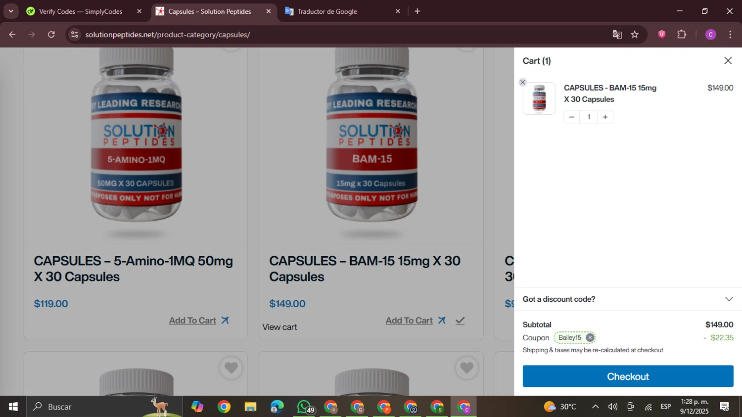 Solution Peptides checkout page showing Solution Peptides coupon code box | Screenshot taken by SimplyCodes community member on Dec 9, 2025