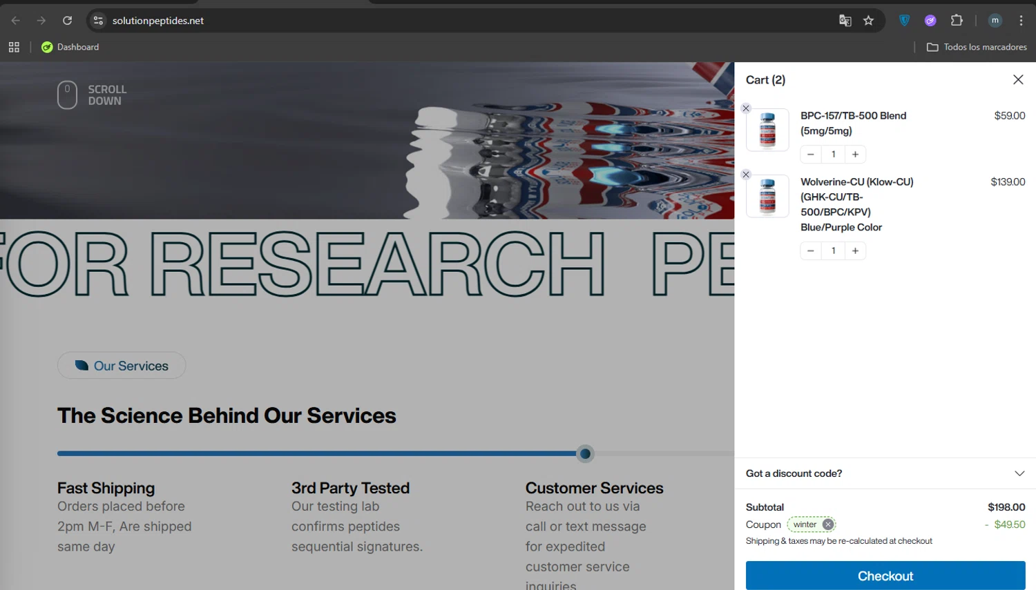 Solution Peptides checkout page showing Solution Peptides coupon code box | Screenshot taken by SimplyCodes community member on Jan 17, 2026