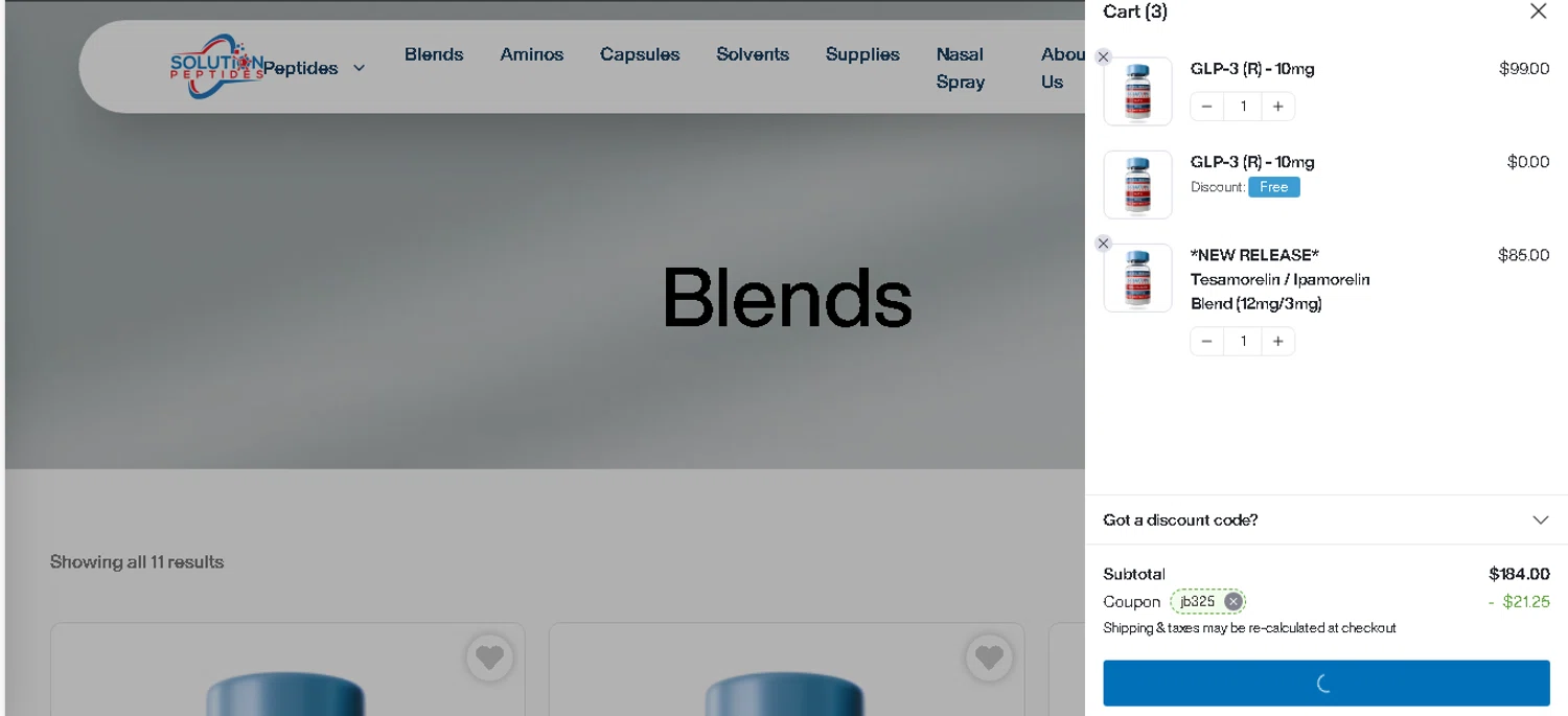 Solution Peptides coupon code screenshot showing code JB325 applied at Solution Peptides checkout page. Uploaded by SimplyCodes community member shark12 on Dec 14, 2025