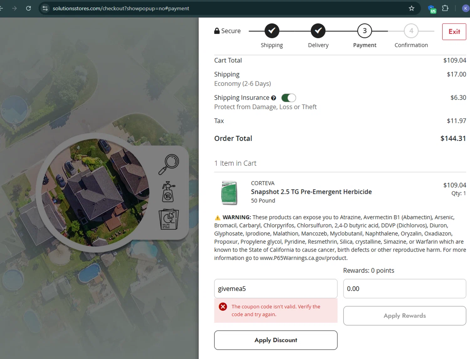Solutions Pest & Lawn discount code screenshot showing code givemea5 applied at Solutions Pest & Lawn checkout page. Uploaded by SimplyCodes community member KevLapage on Jan 2, 2025