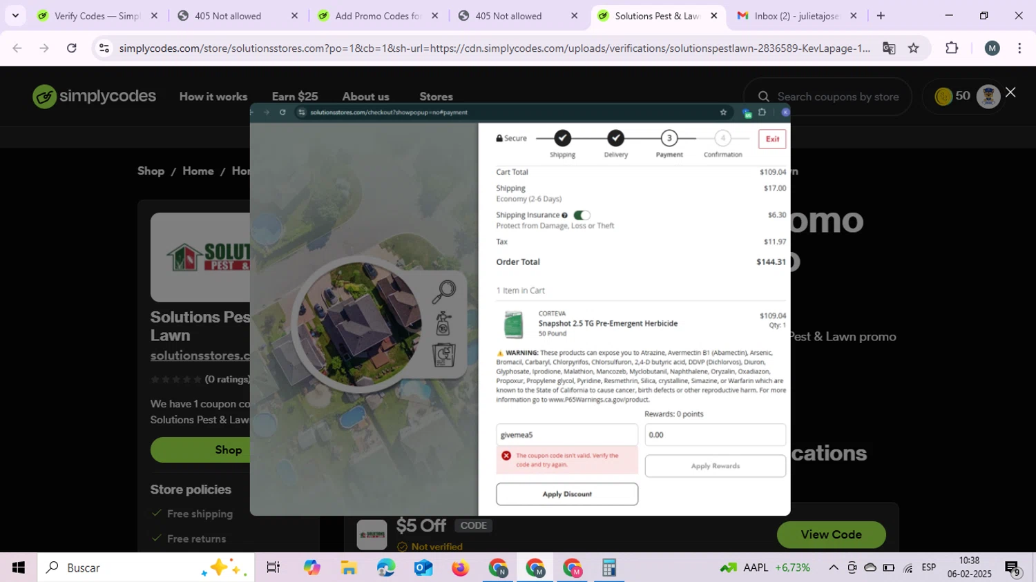 Solutions Pest & Lawn discount code screenshot showing code givemea5 applied at Solutions Pest & Lawn checkout page. Uploaded by SimplyCodes community member MariaSarai on Feb 6, 2025