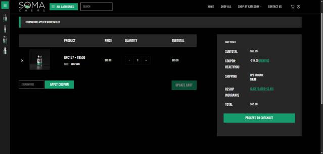 Soma Chems checkout page showing Soma Chems discount code box | Screenshot taken by SimplyCodes community member on Aug 19, 2025