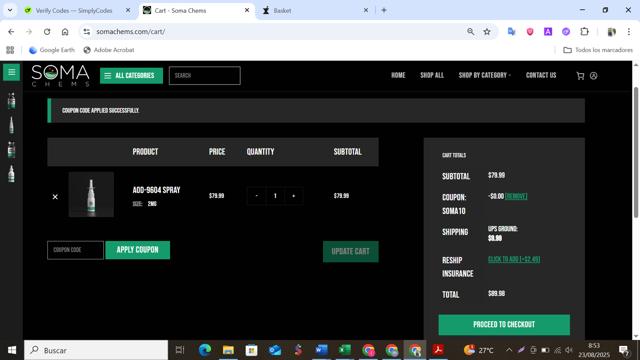 Soma Chems checkout page showing Soma Chems discount code box | Screenshot taken by SimplyCodes community member on Aug 23, 2025