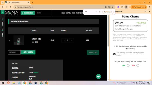 Soma Chems checkout page showing Soma Chems discount code box | Screenshot taken by SimplyCodes community member on Aug 19, 2025