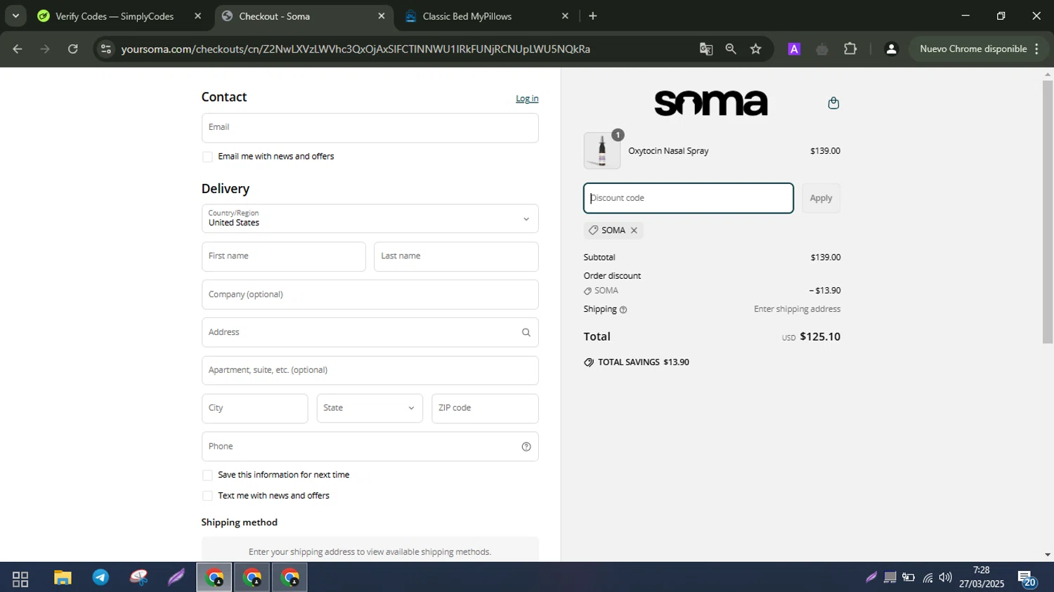 Soma Peptides discount code screenshot showing code SOMA applied at Soma Peptides checkout page. Uploaded by SimplyCodes community member AK_CIO on Mar 27, 2025