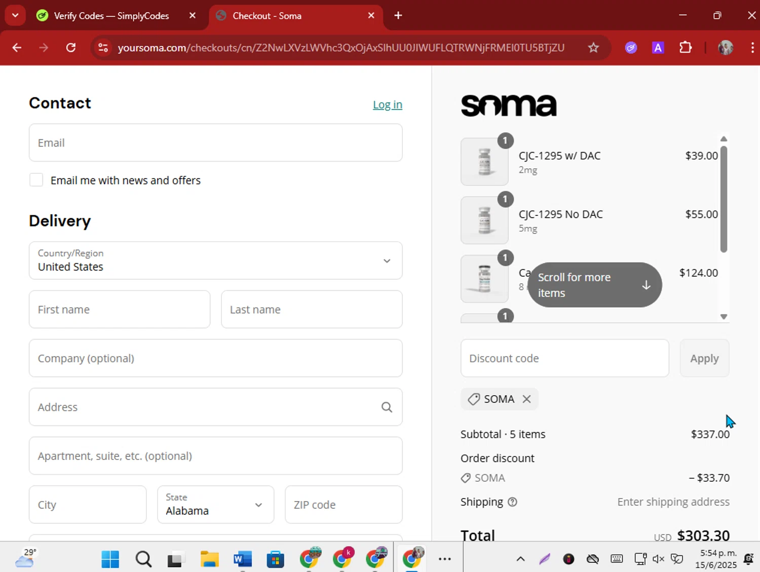 Soma Peptides discount code screenshot showing code SOMA applied at Soma Peptides checkout page. Uploaded by SimplyCodes community member ShrewdSeeker5445 on Jun 15, 2025