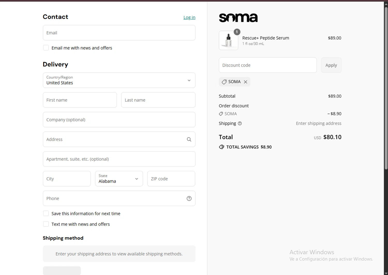 Soma Peptides discount code screenshot showing code SOMA applied at Soma Peptides checkout page. Uploaded by SimplyCodes community member TreasureHero9595 on Aug 13, 2025