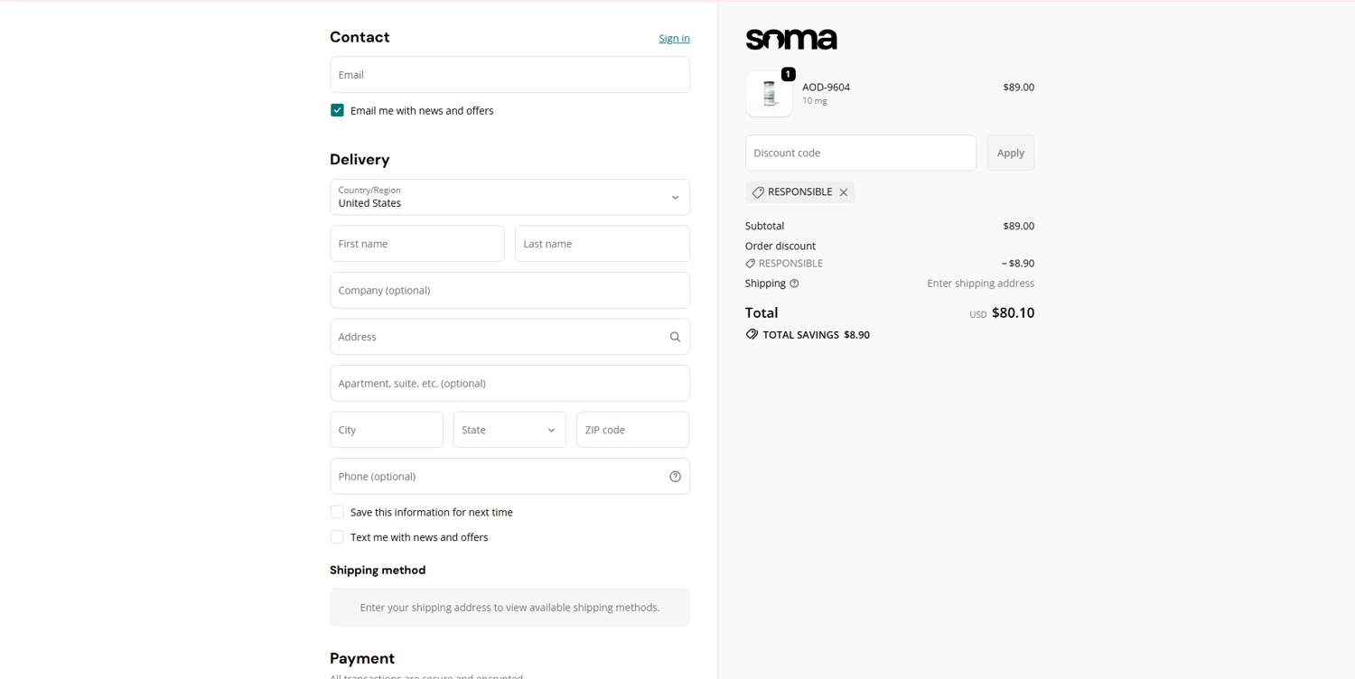 Soma Peptides discount code screenshot showing code RESPONSIBLE applied at Soma Peptides checkout page. Uploaded by SimplyCodes community member CashAce9852 on Nov 24, 2025