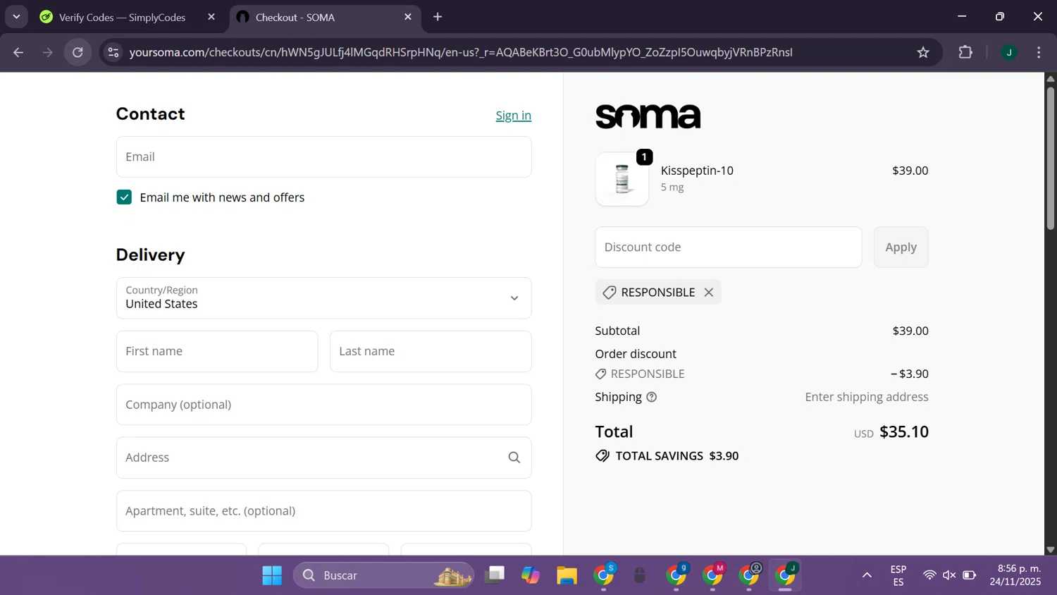 Soma Peptides discount code screenshot showing code RESPONSIBLE applied at Soma Peptides checkout page. Uploaded by SimplyCodes community member CleverElite8110 on Nov 25, 2025