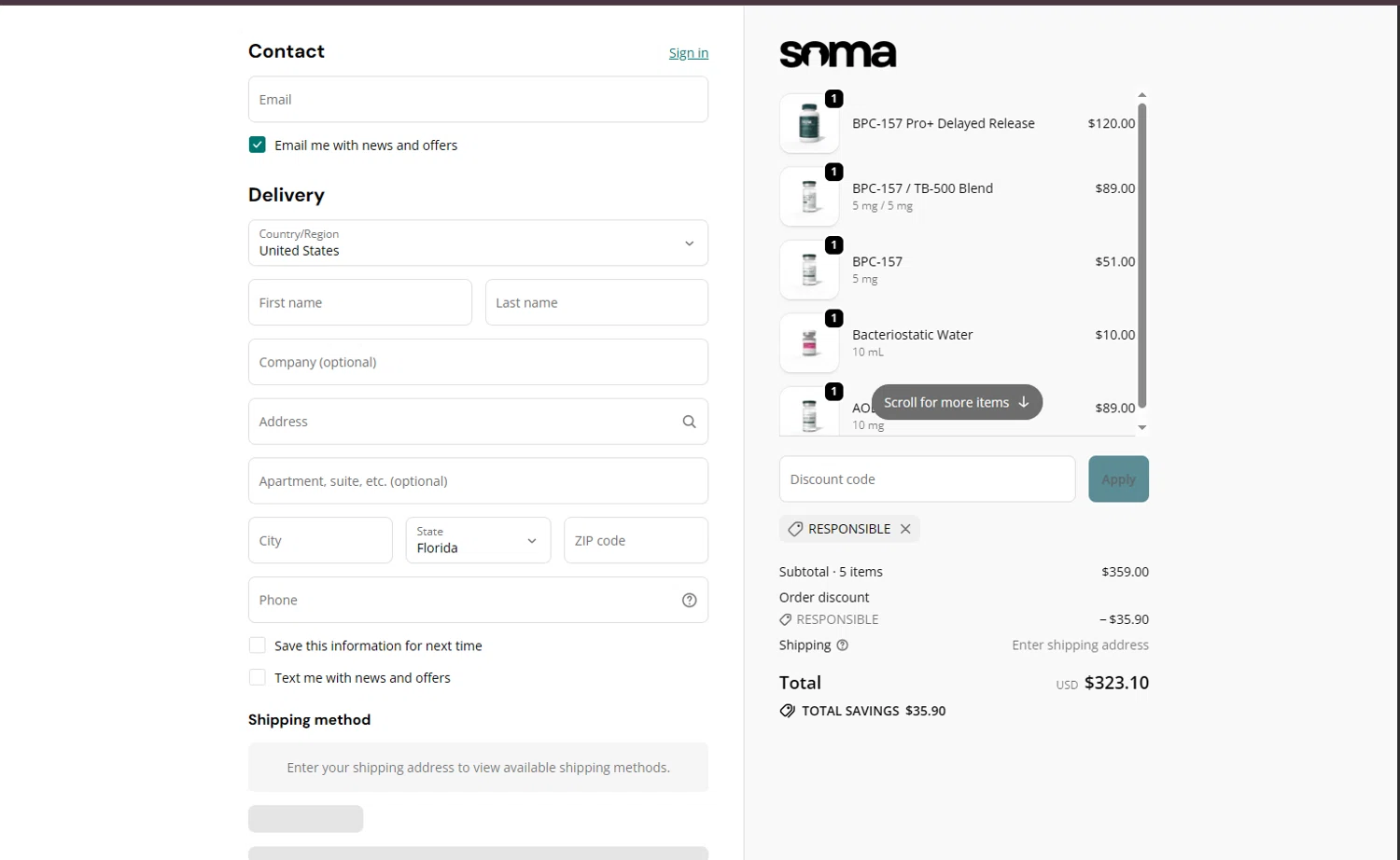 Soma Peptides discount code screenshot showing code RESPONSIBLE applied at Soma Peptides checkout page. Uploaded by SimplyCodes community member Keilynkeyonshea on Oct 23, 2025