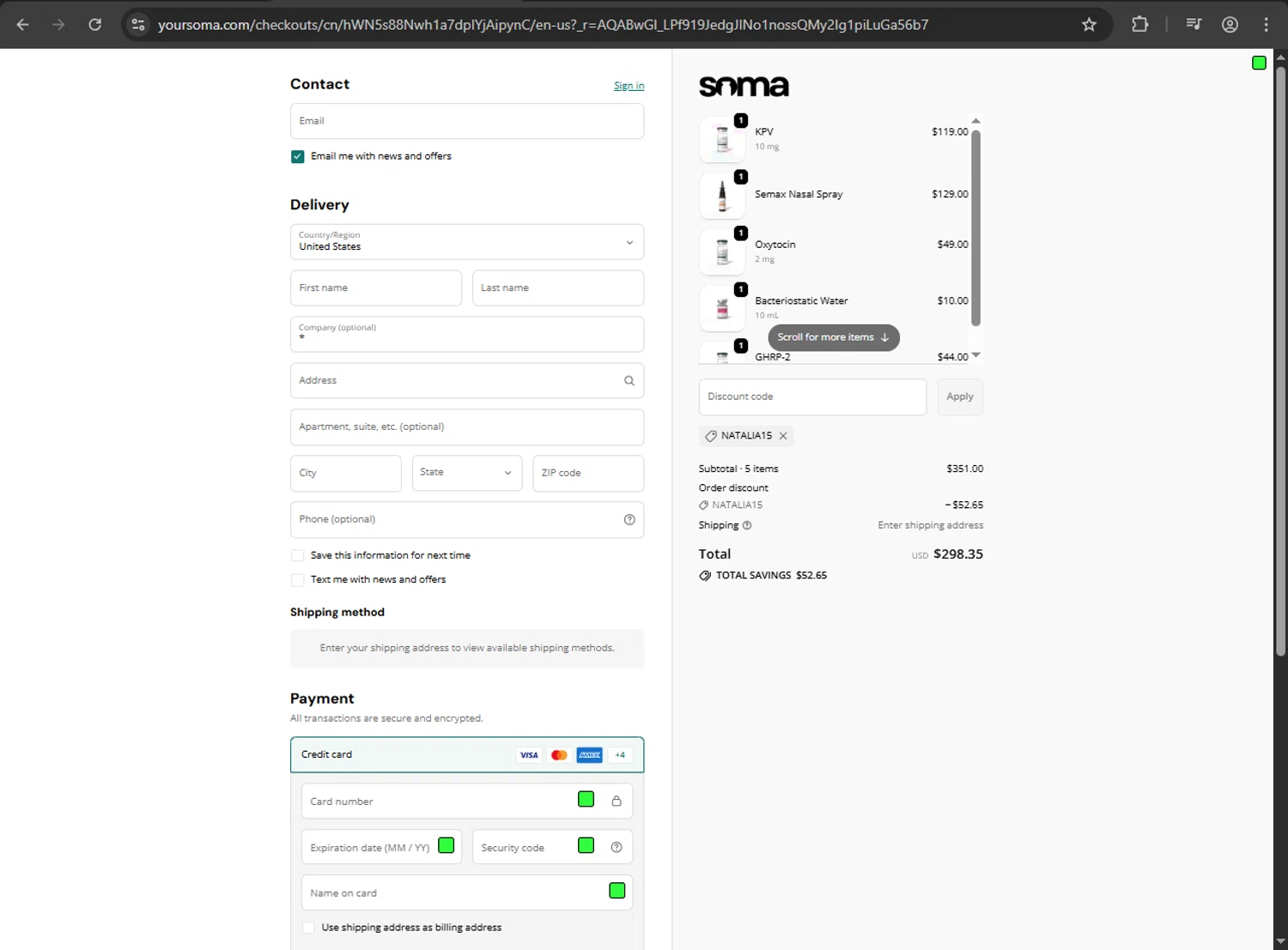 Soma Peptides discount code screenshot showing code NATALIA15 applied at Soma Peptides checkout page. Uploaded by SimplyCodes community member yessy37 on Nov 30, 2025