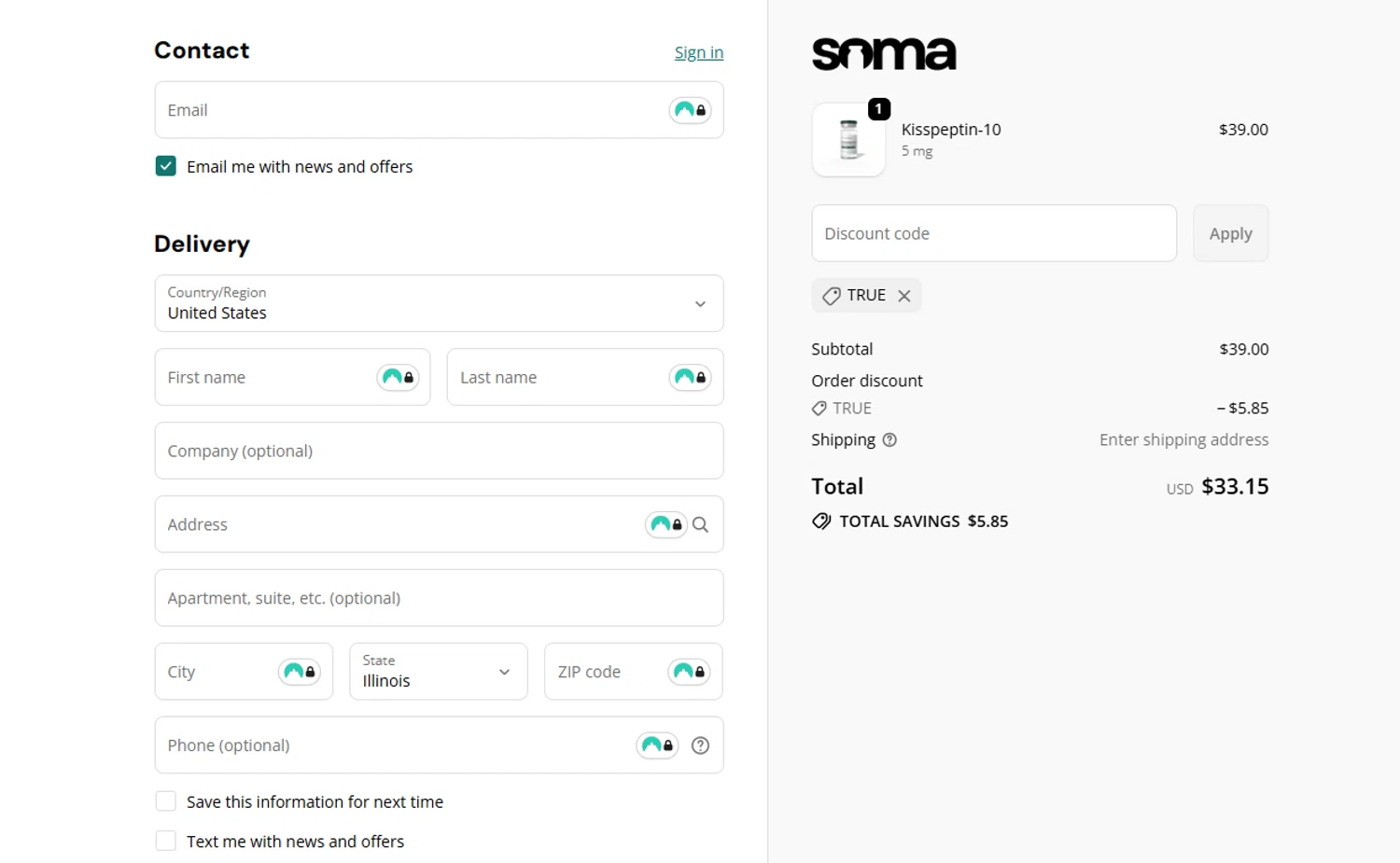Soma Peptides discount code screenshot showing code TRUE applied at Soma Peptides checkout page. Uploaded by SimplyCodes community member alexbrown on Nov 10, 2025