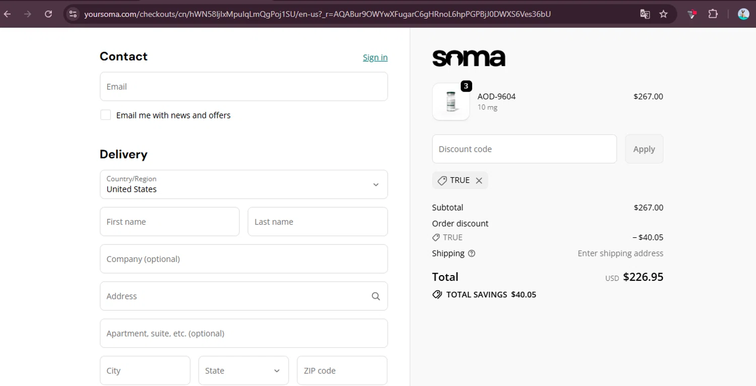 Soma Peptides discount code screenshot showing code TRUE applied at Soma Peptides checkout page. Uploaded by SimplyCodes community member elgatobravo on Nov 10, 2025