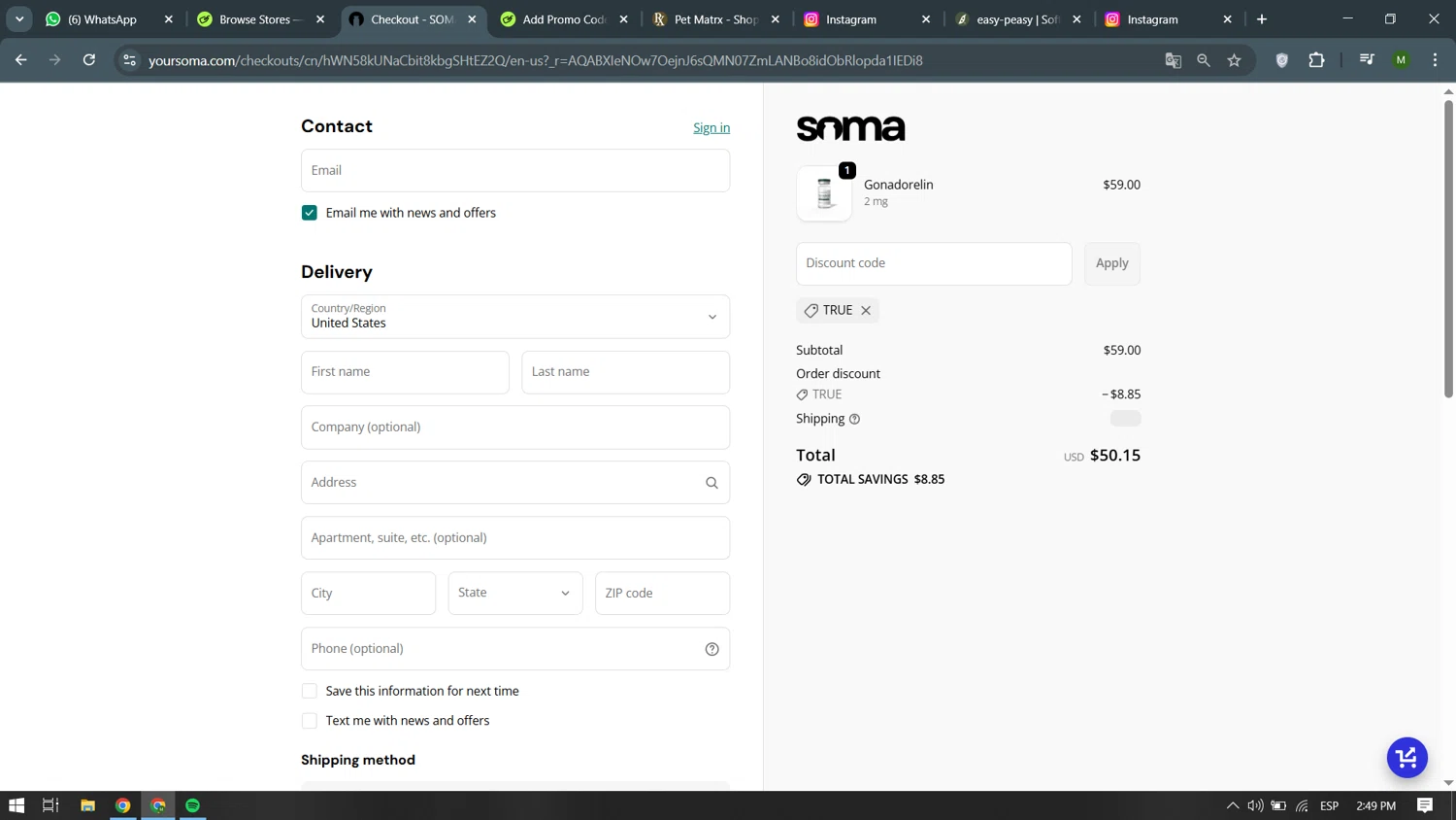 Soma Peptides discount code screenshot showing code TRUE applied at Soma Peptides checkout page. Uploaded by SimplyCodes community member becomeaware on Nov 10, 2025