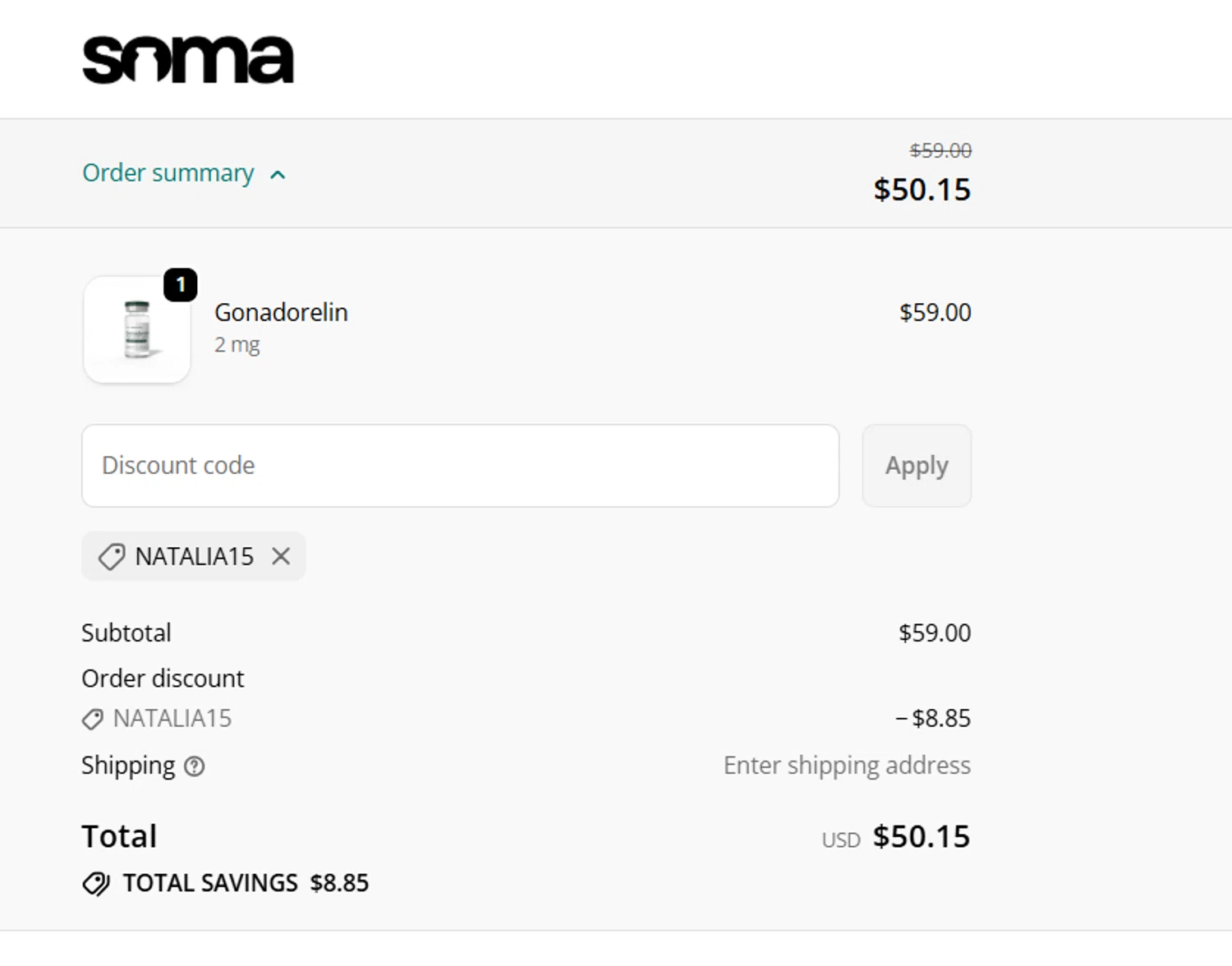 Soma Peptides discount code screenshot showing code NATALIA15 applied at Soma Peptides checkout page. Uploaded by SimplyCodes community member becomeaware on Nov 10, 2025