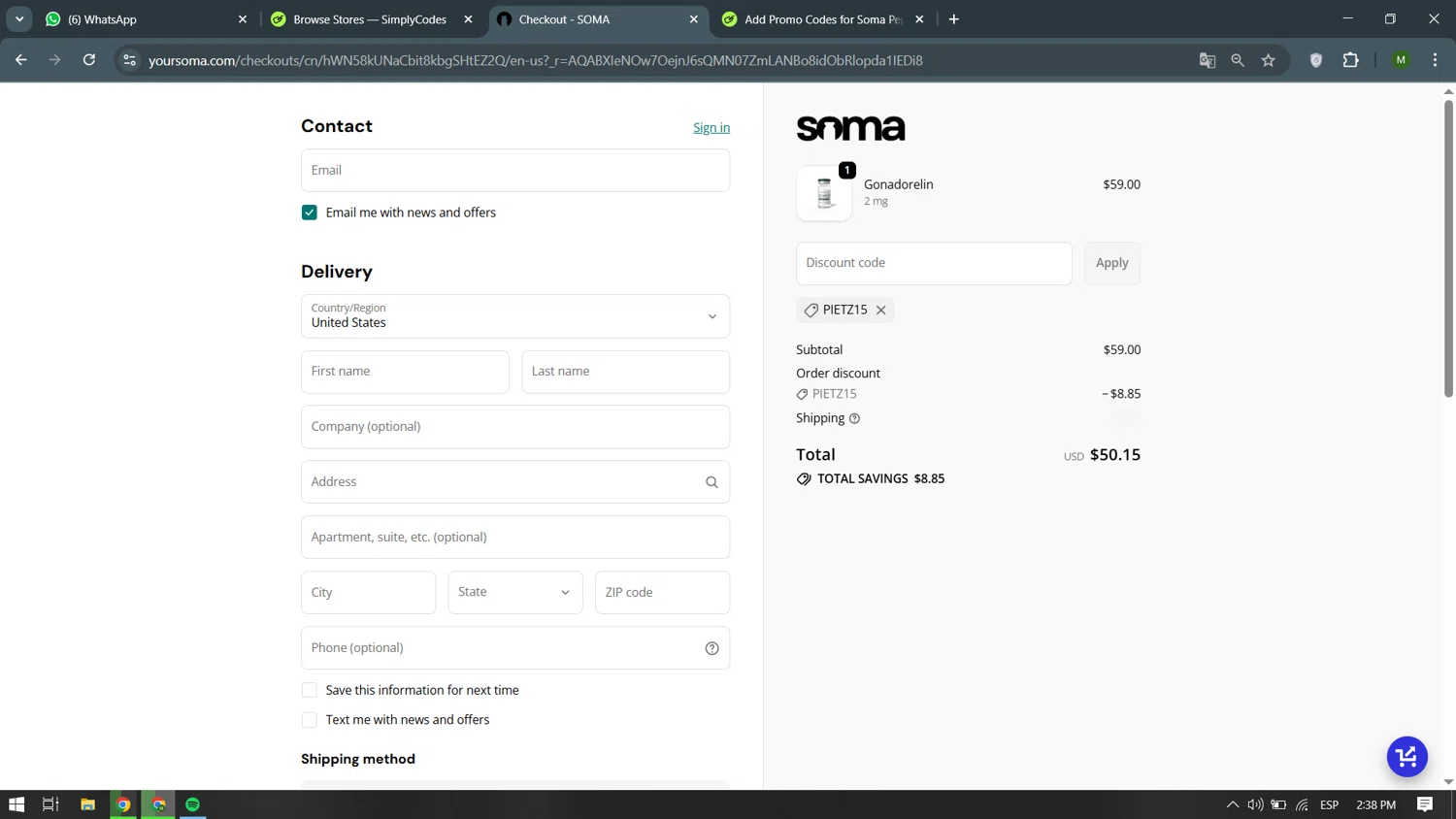 Soma Peptides discount code screenshot showing code PIETZ15 applied at Soma Peptides checkout page. Uploaded by SimplyCodes community member becomeaware on Nov 10, 2025