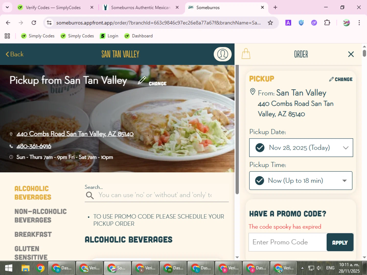 Someburros promo code screenshot showing code spooky applied at Someburros checkout page. Uploaded by SimplyCodes community member SilverExpert5694 on Nov 28, 2025
