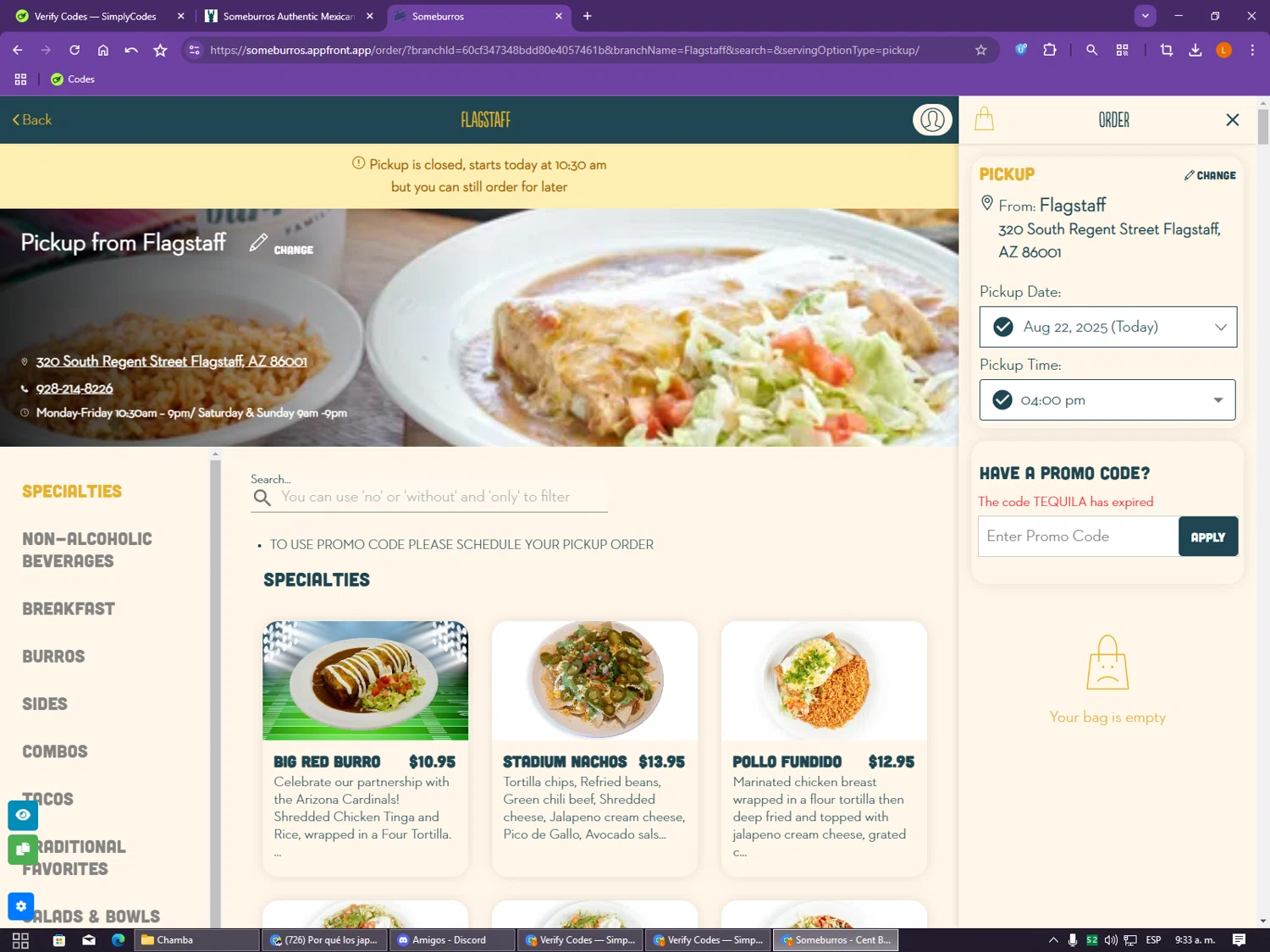 Someburros promo code screenshot showing code TEQUILA applied at Someburros checkout page. Uploaded by SimplyCodes community member DIOSESMIGUIA on Aug 22, 2025