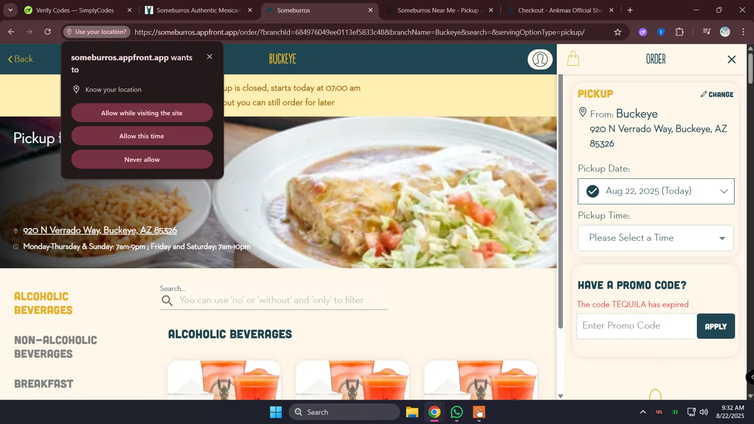 Someburros promo code screenshot showing code TEQUILA applied at Someburros checkout page. Uploaded by SimplyCodes community member lunita on Aug 22, 2025