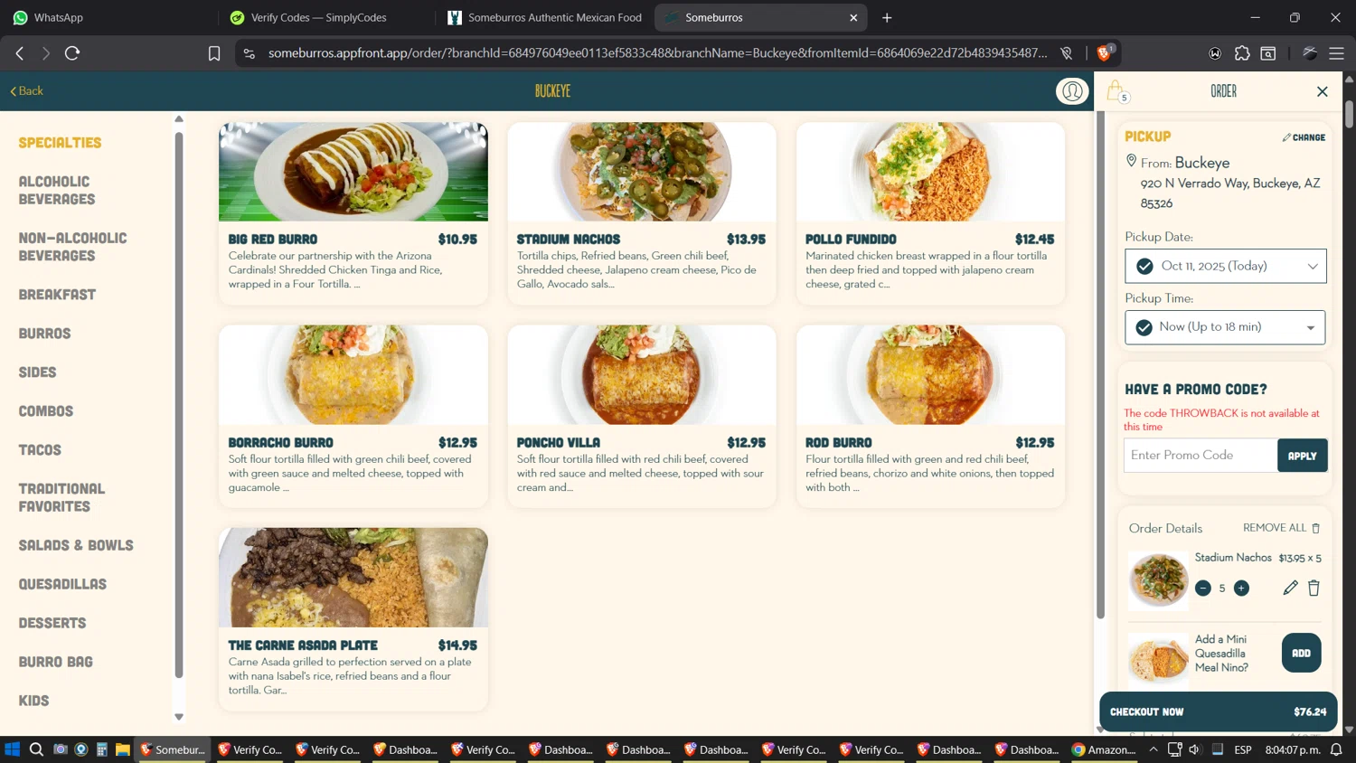 Someburros promo code screenshot showing code THROWBACK applied at Someburros checkout page. Uploaded by SimplyCodes community member SimplyGOAT on Oct 12, 2025
