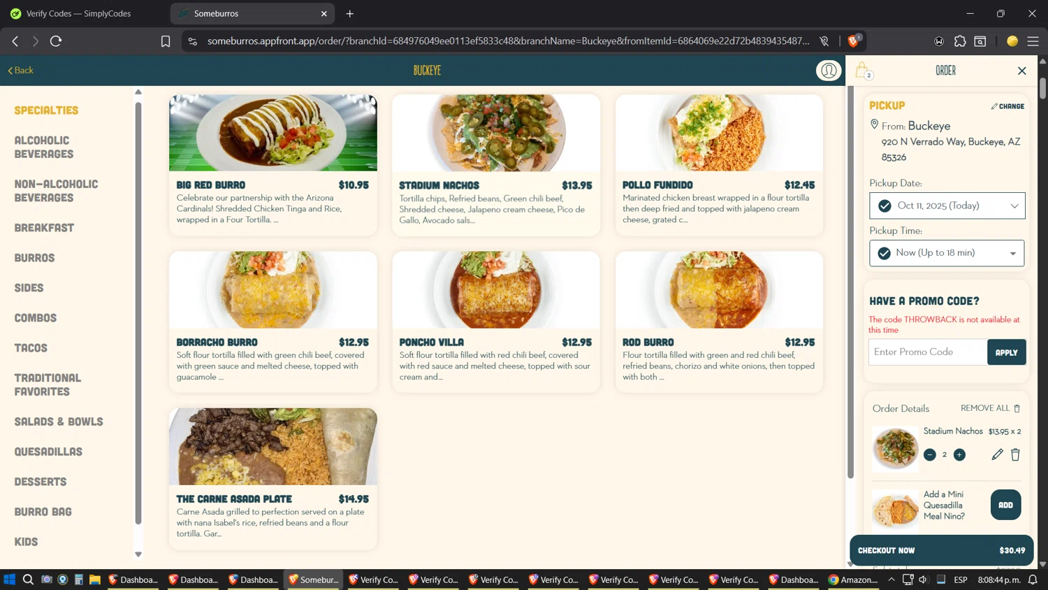 Someburros promo code screenshot showing code THROWBACK applied at Someburros checkout page. Uploaded by SimplyCodes community member ZoilaPerrita on Oct 12, 2025