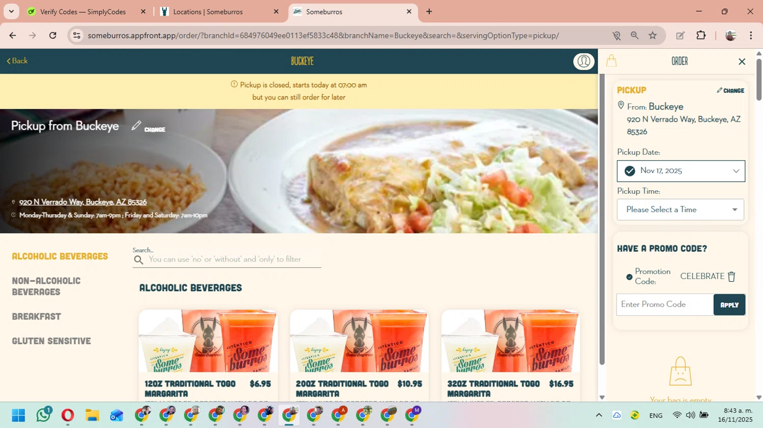 Someburros promo code screenshot showing code CELEBRATE applied at Someburros checkout page. Uploaded by SimplyCodes community member MariAPB on Nov 16, 2025