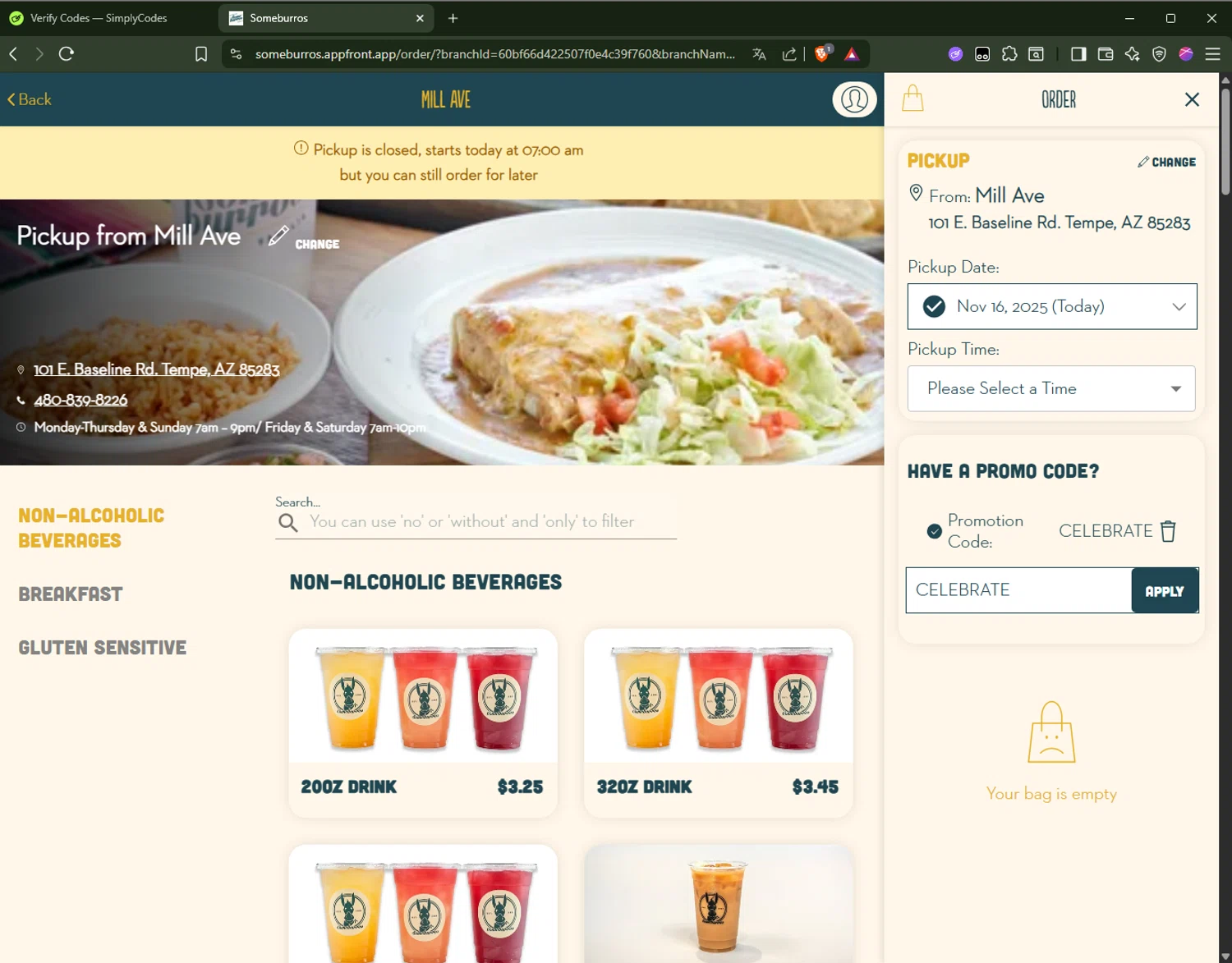 Someburros promo code screenshot showing code CELEBRATE applied at Someburros checkout page. Uploaded by SimplyCodes community member NobleOwl1768 on Nov 16, 2025