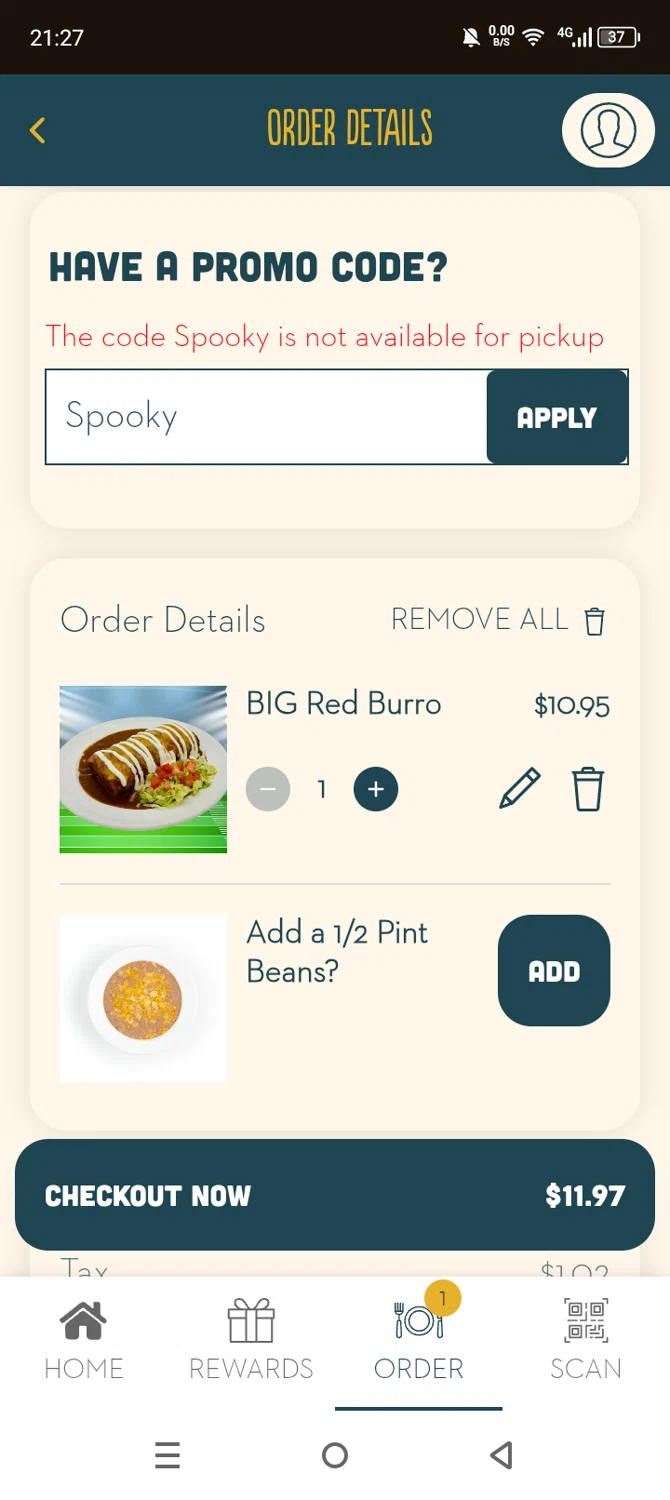Someburros promo code screenshot showing code Spooky applied at Someburros checkout page. Uploaded by SimplyCodes community member Olivatle on Oct 30, 2025