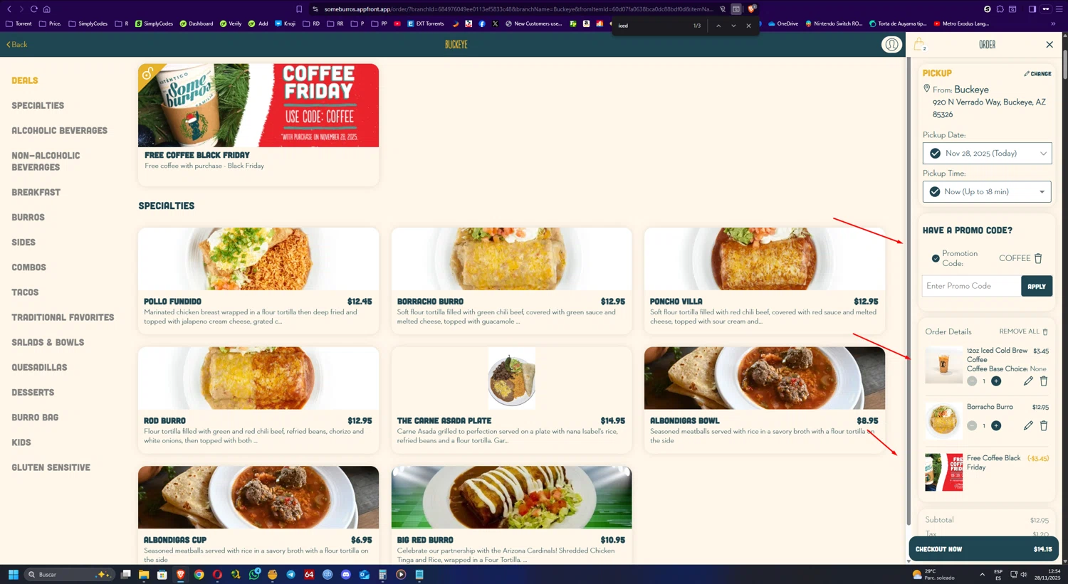 Someburros promo code screenshot showing code COFFEE applied at Someburros checkout page. Uploaded by SimplyCodes community member UnkNownVnzla on Nov 28, 2025