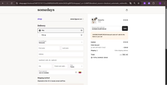 somedays checkout page showing somedays discount code box | Screenshot taken by SimplyCodes community member on Sep 8, 2025