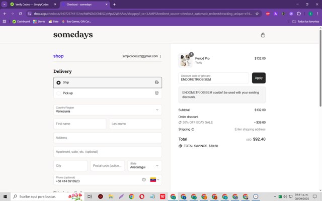 somedays checkout page showing somedays discount code box | Screenshot taken by SimplyCodes community member on Sep 8, 2025