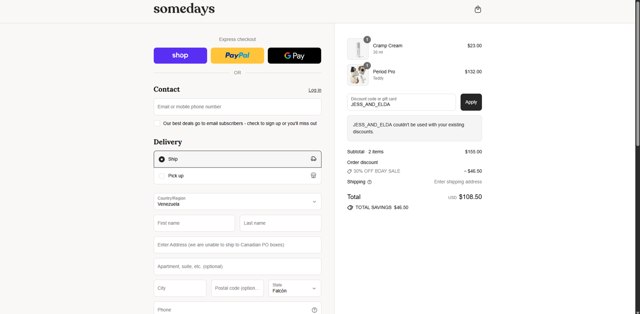 somedays checkout page showing somedays discount code box | Screenshot taken by SimplyCodes community member on Sep 8, 2025