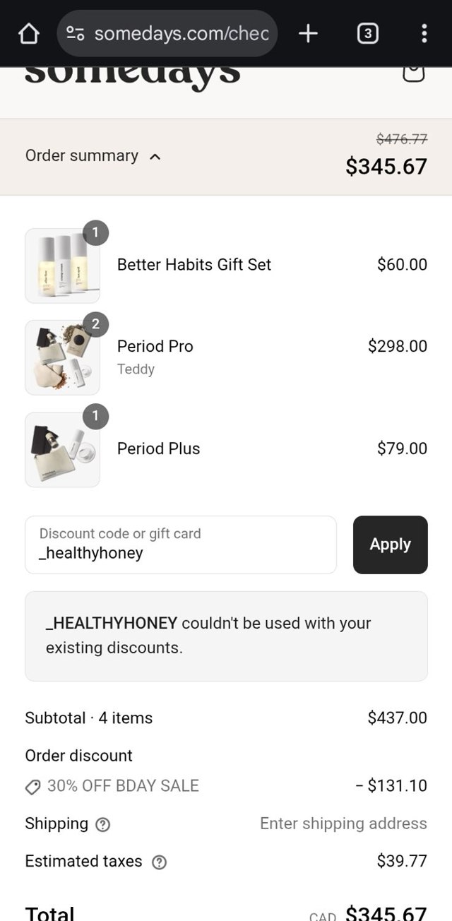 somedays checkout page showing somedays discount code box | Screenshot taken by SimplyCodes community member on Sep 8, 2025