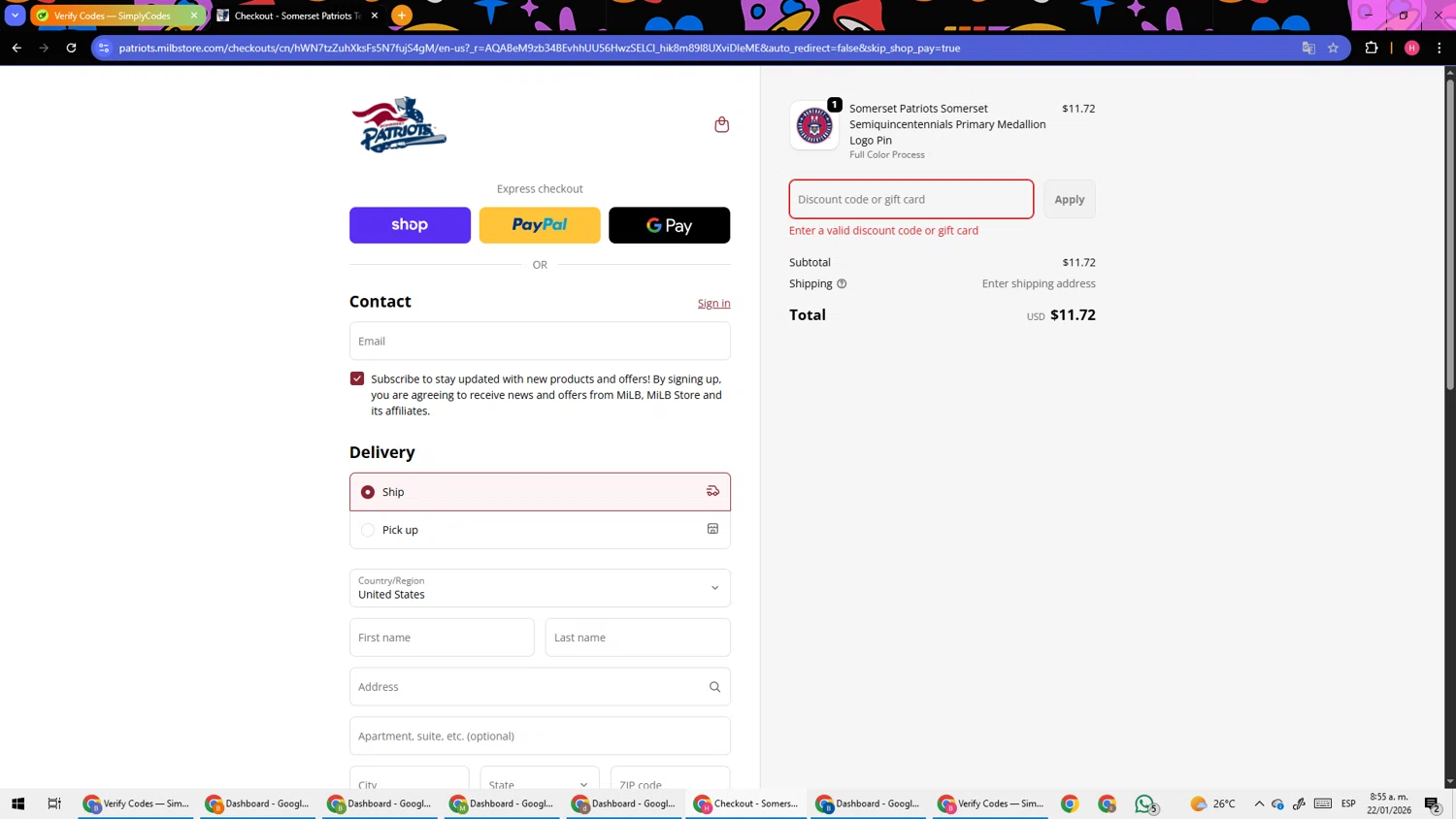Somerset Patriots promo code screenshot showing code 20%OFF applied at Somerset Patriots checkout page. Uploaded by SimplyCodes community member TokenSleuth5758 on Jan 22, 2026