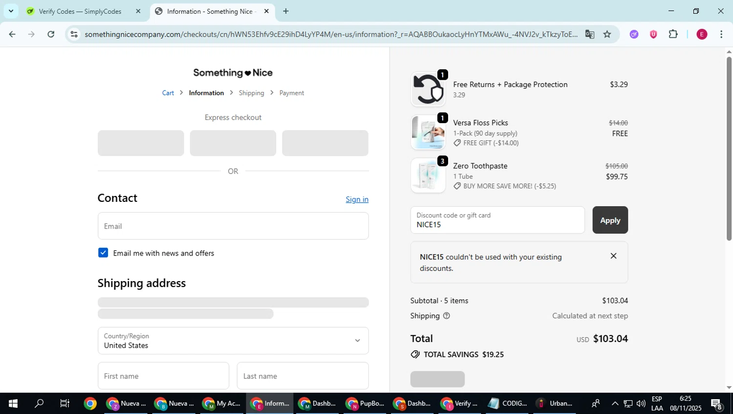 Something Nice discount code screenshot showing code NICE15 applied at Something Nice checkout page. Uploaded by SimplyCodes community member BrilliantWhiz4434 on Nov 8, 2025