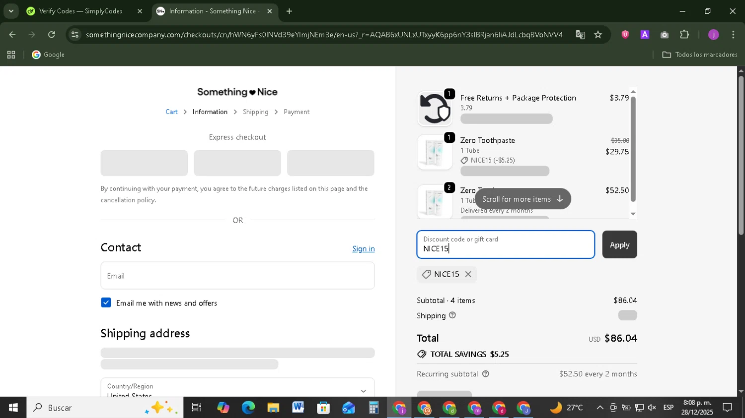 Something Nice discount code screenshot showing code NICE15 applied at Something Nice checkout page. Uploaded by SimplyCodes community member Tazbravo on Dec 29, 2025