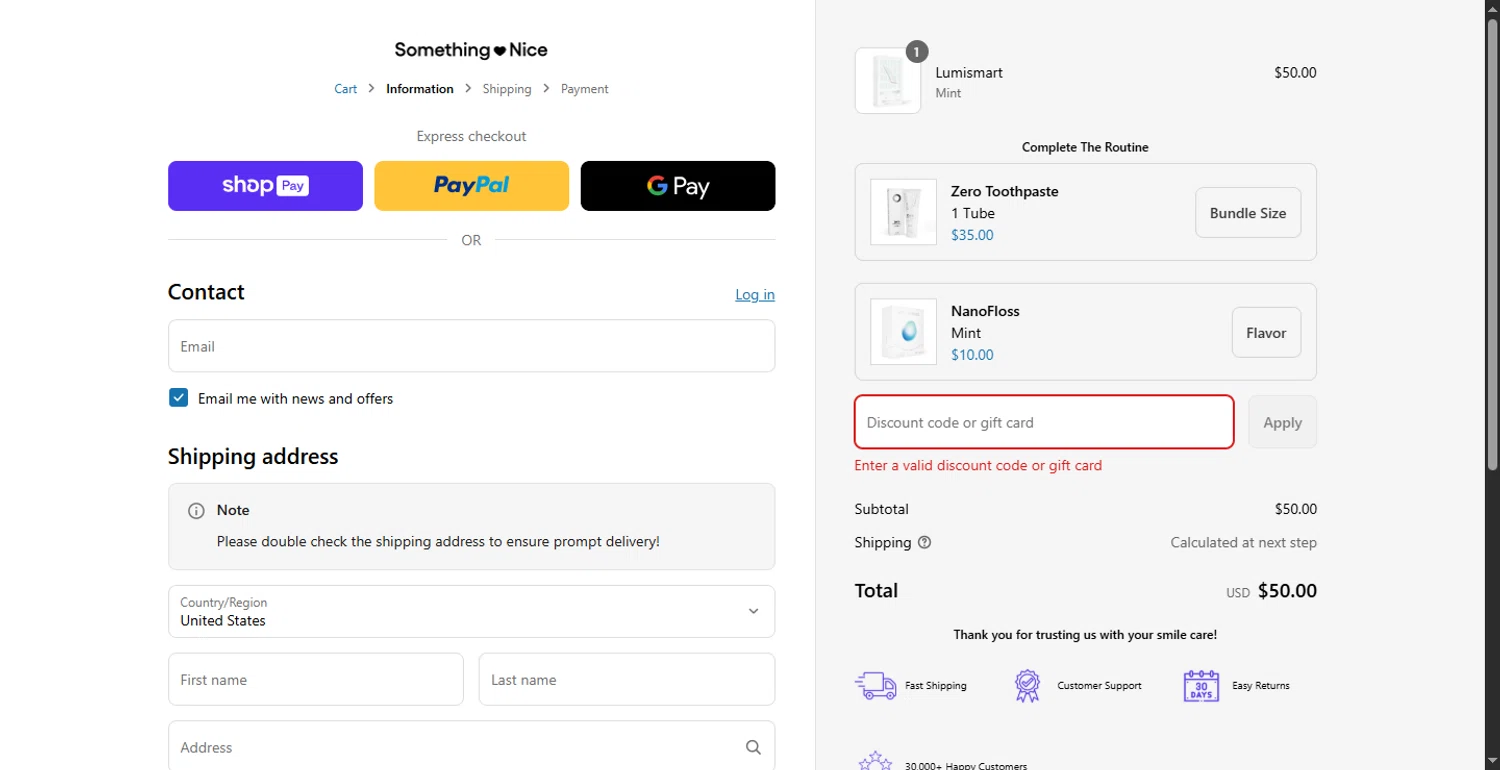 Something Nice discount code screenshot showing code BRIGHTEN30 applied at Something Nice checkout page. Uploaded by SimplyCodes community member DiscountTracker247 on May 14, 2025