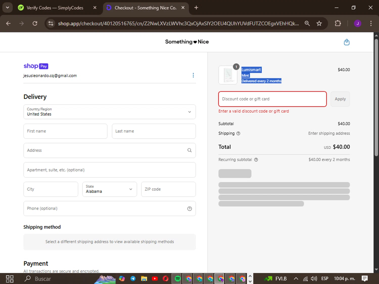 Something Nice discount code screenshot showing code BRIGHTEN30 applied at Something Nice checkout page. Uploaded by SimplyCodes community member jordangar on May 14, 2025
