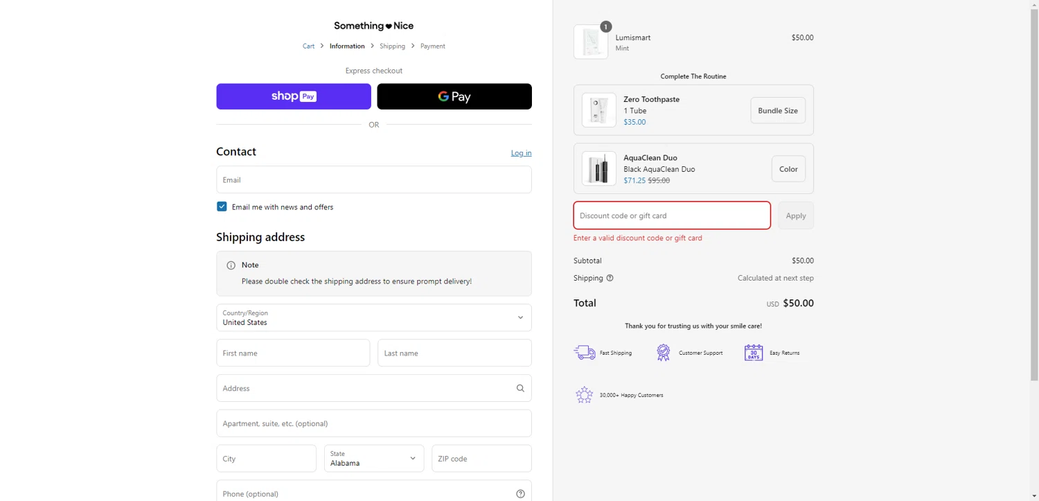 Something Nice discount code screenshot showing code SMILE20 applied at Something Nice checkout page. Uploaded by SimplyCodes community member ValiantAce1810 on May 25, 2025