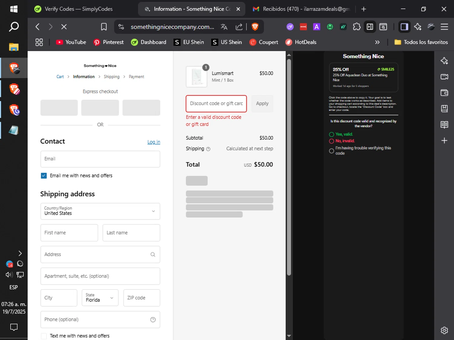 Something Nice discount code screenshot showing code SMILE25 applied at Something Nice checkout page. Uploaded by SimplyCodes community member ilarrazaM1 on Jul 19, 2025