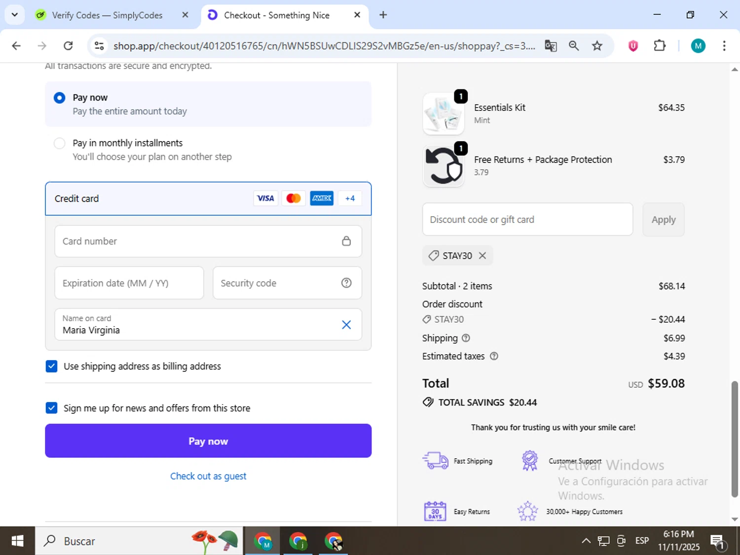 Something Nice discount code screenshot showing code stay30 applied at Something Nice checkout page. Uploaded by SimplyCodes community member estrellaveloz on Nov 11, 2025