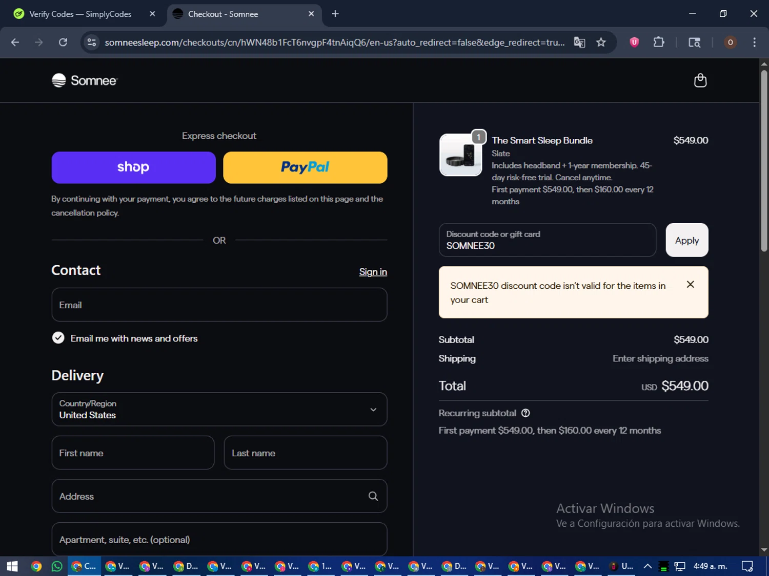 Somnee promo code screenshot showing code SOMNEE30 applied at Somnee checkout page. Uploaded by SimplyCodes community member LegendaryAdmiral8649 on Oct 15, 2025