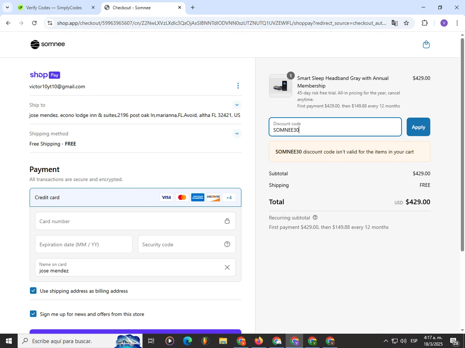 Somnee promo code screenshot showing code SOMNEE30 applied at Somnee checkout page. Uploaded by SimplyCodes community member Satoru_gojo on Mar 18, 2025