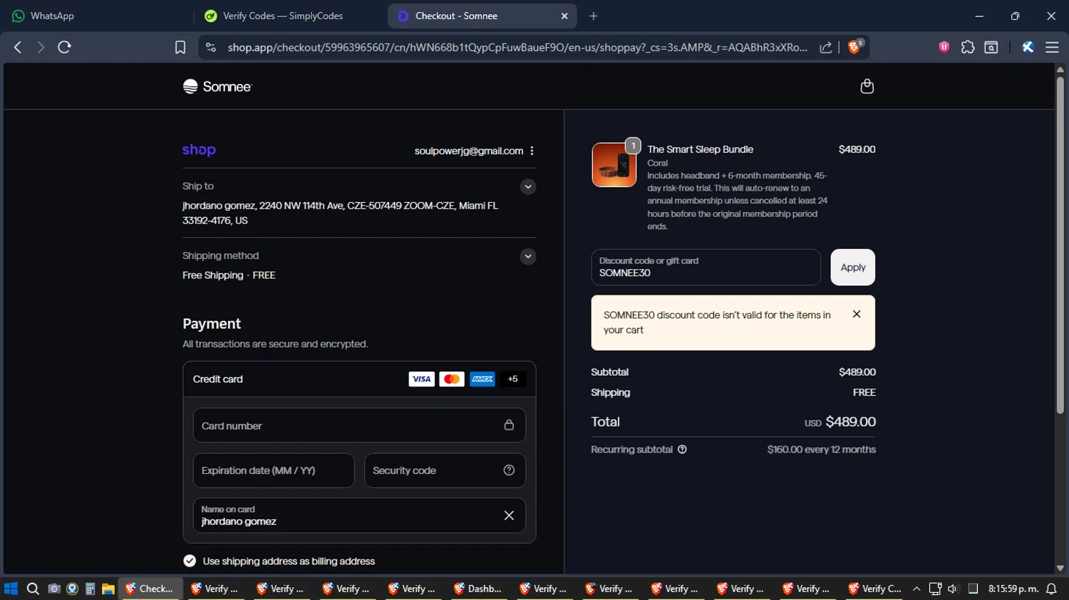 Somnee promo code screenshot showing code SOMNEE30 applied at Somnee checkout page. Uploaded by SimplyCodes community member SimplyGOAT on Dec 6, 2025