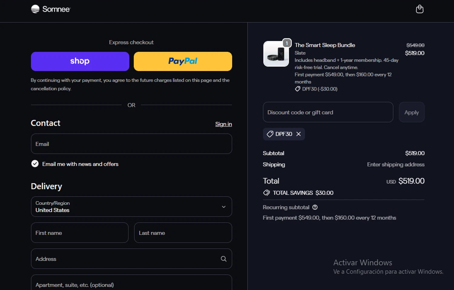 Somnee promo code screenshot showing code DPF30 applied at Somnee checkout page. Uploaded by SimplyCodes community member Gary_23 on Oct 11, 2025
