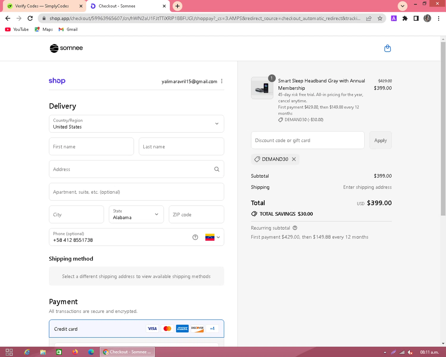 Somnee promo code screenshot showing code DEMAND30 applied at Somnee checkout page. Uploaded by SimplyCodes community member Carlos54 on Sep 4, 2025
