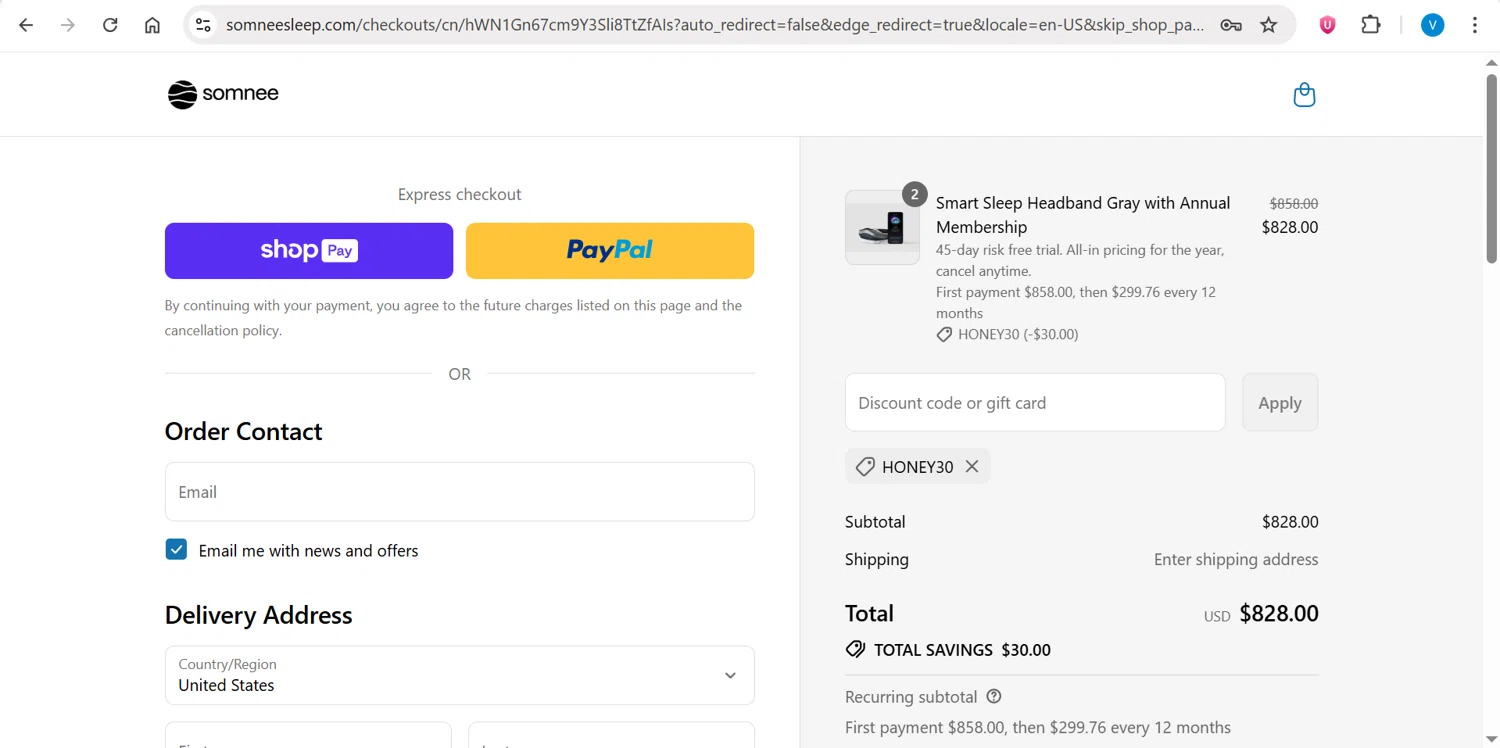 Somnee promo code screenshot showing code honey30 applied at Somnee checkout page. Uploaded by SimplyCodes community member CleverPilot4885 on Jul 31, 2025