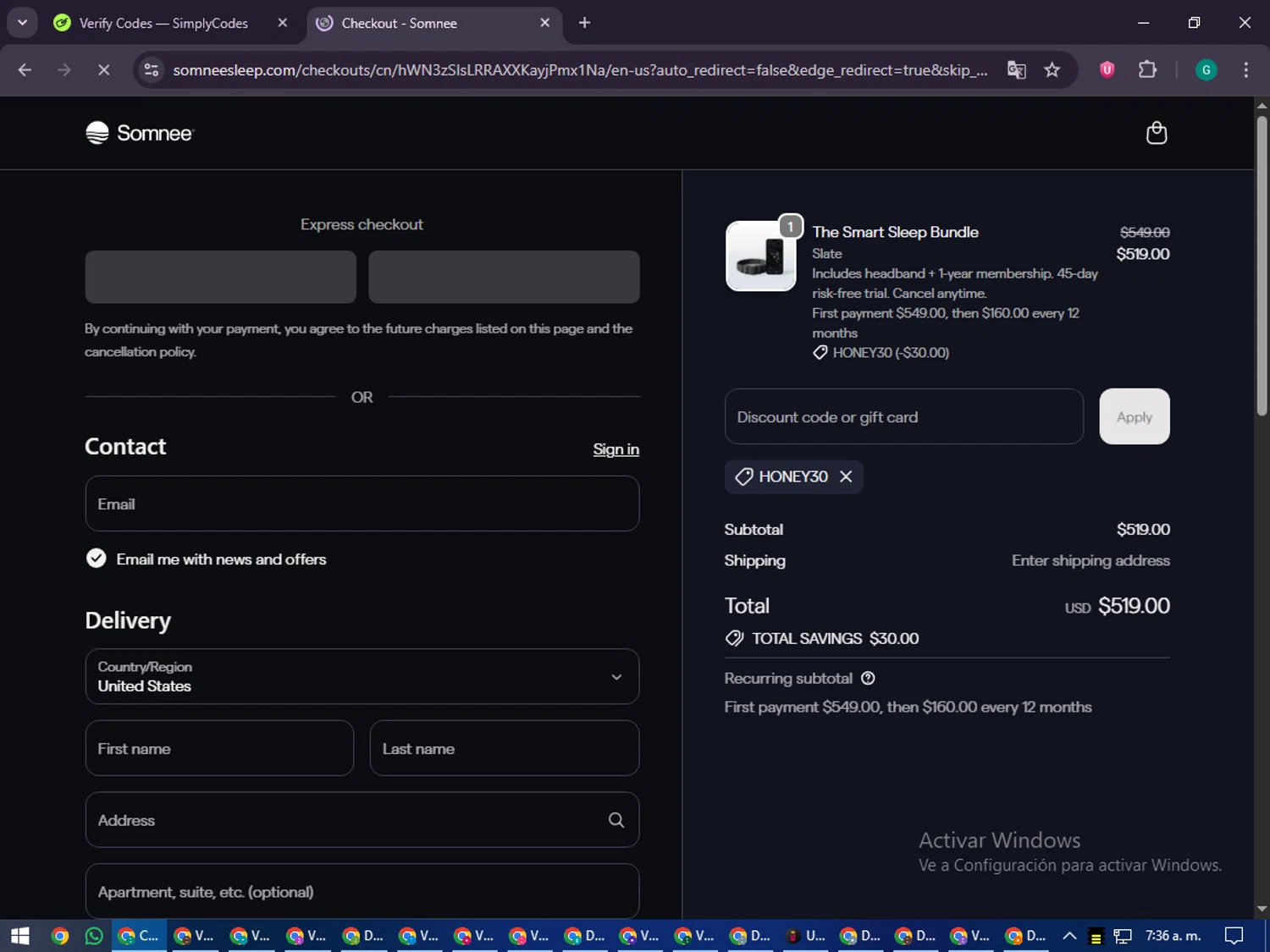 Somnee promo code screenshot showing code honey30 applied at Somnee checkout page. Uploaded by SimplyCodes community member PennyFinder5759 on Oct 11, 2025