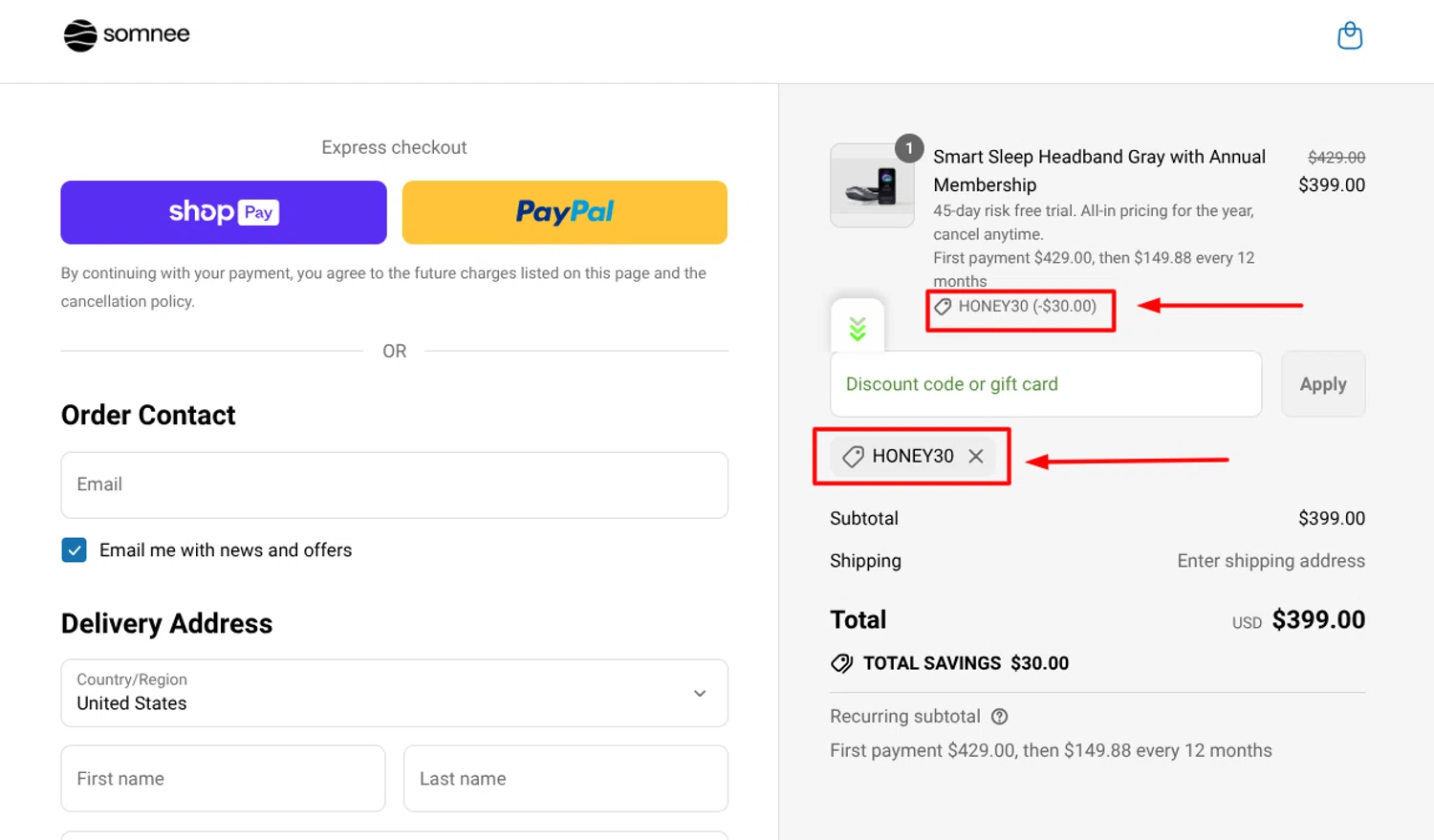 Somnee promo code screenshot showing code honey30 applied at Somnee checkout page. Uploaded by SimplyCodes community member antonietarodriguez96 on Jul 31, 2025